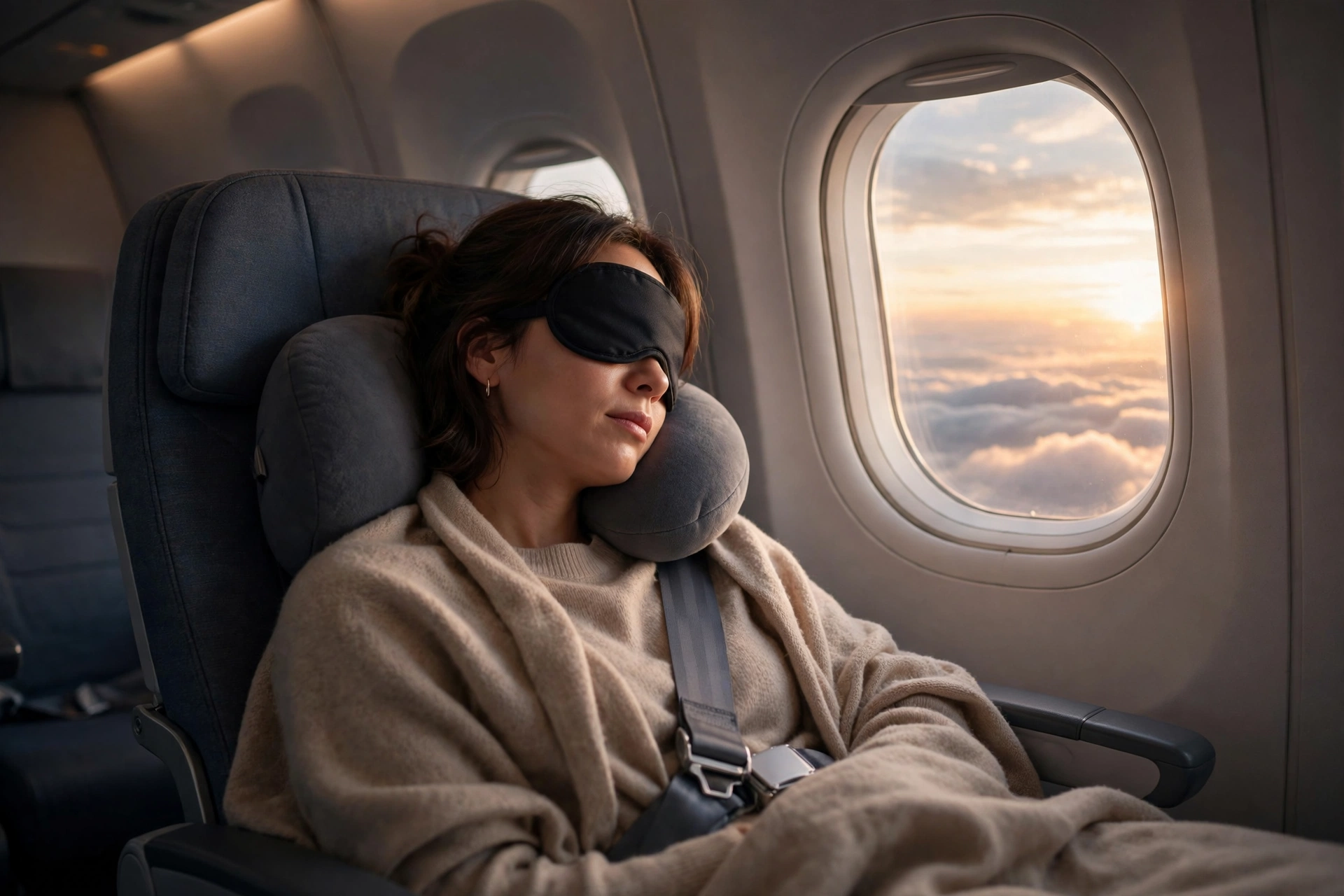 Traveler sleeping comfortably with an eye mask and neck pillow in an airplane window seat at sunrise