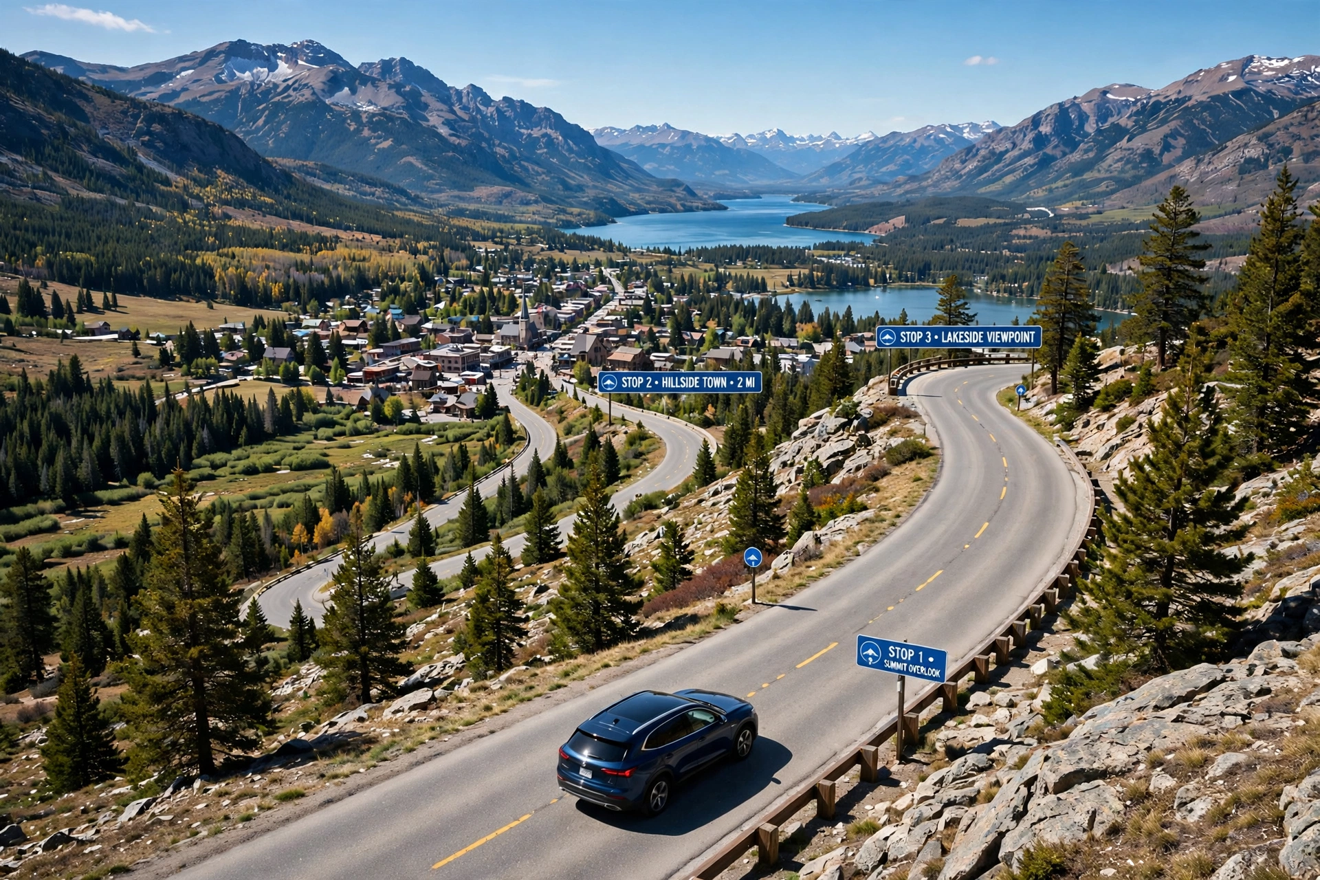 A car on a winding mountain road passing signs for a summit overlook, a hillside town and a lakeside viewpoint