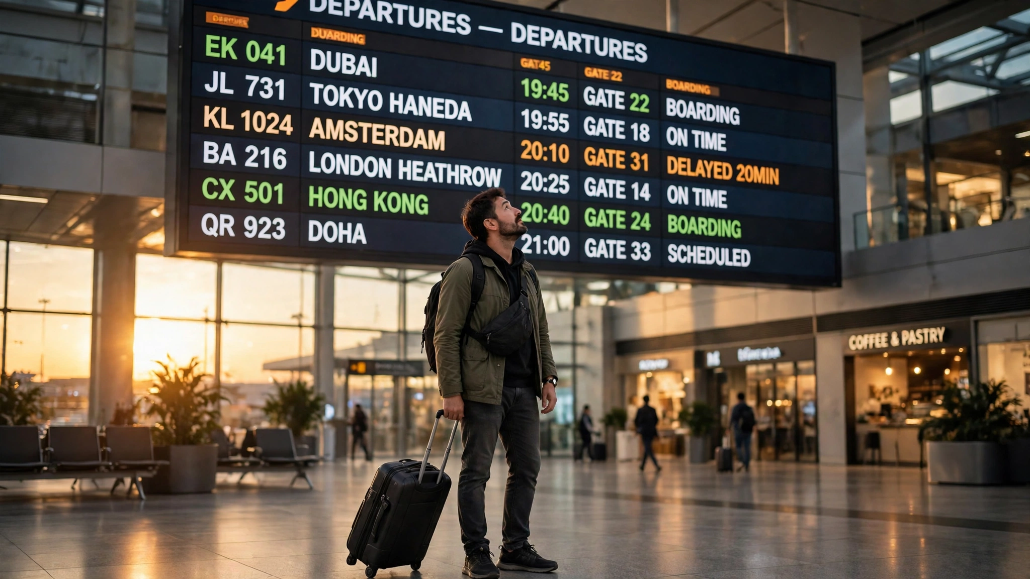 Traveler with a rolling suitcase looking up at an airport departure board